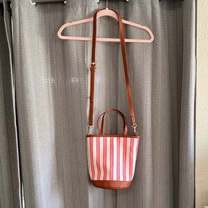 Universal Thread Pink & White Striped Crossbody Bucket Bag with Brown Trim